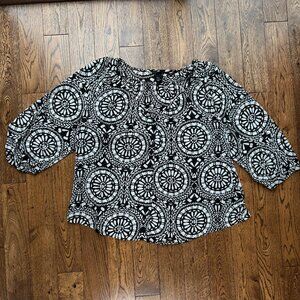 H&M Women's Blouse Black & White Mandala Print Geometric Flowy 3/4 Sleeve US 14